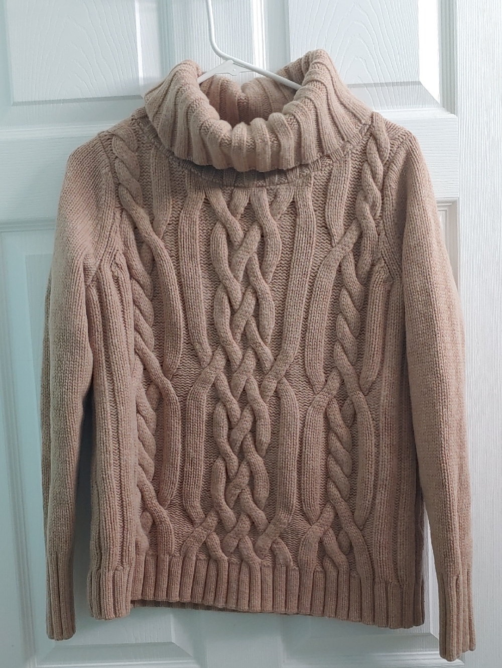 Lands' End Cable Knit Turtleneck Womens Chunky Fisherman Sweater Tan Wool Size L